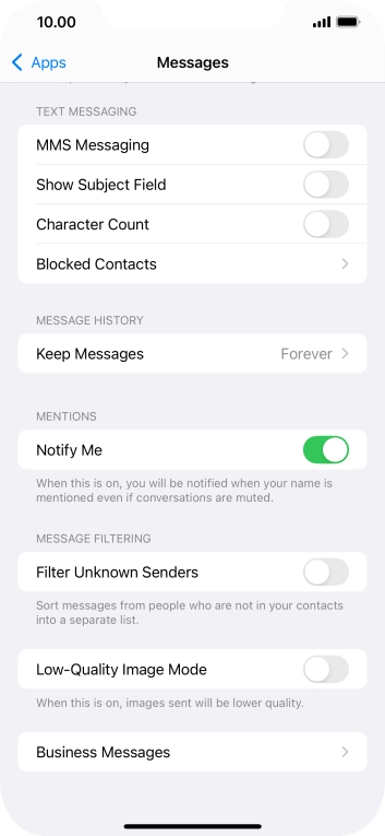 Press the indicator next to 'MMS Messaging' to turn on the function.
