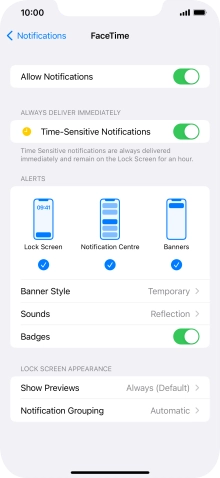 Press the indicator next to 'Allow Notifications' to turn notifications for the selected application on or off.