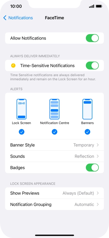 Press the indicator next to 'Allow Notifications' to turn notifications for the selected application on or off.