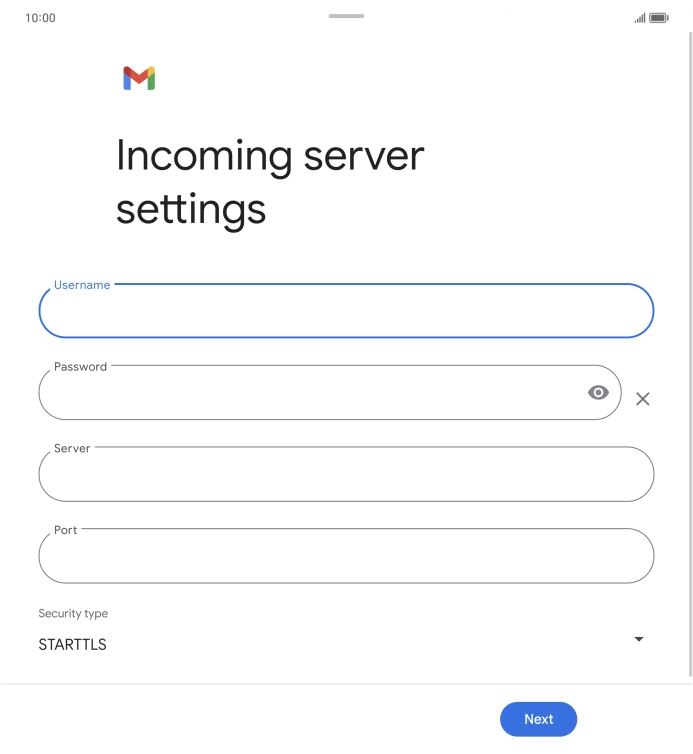 Press the field below 'Server' and key in the name of your email provider's incoming server. Press the field below 'Server' and key in the name of your email provider's incoming server.