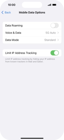 Press the indicator next to 'Data Roaming' to turn the function on or off.