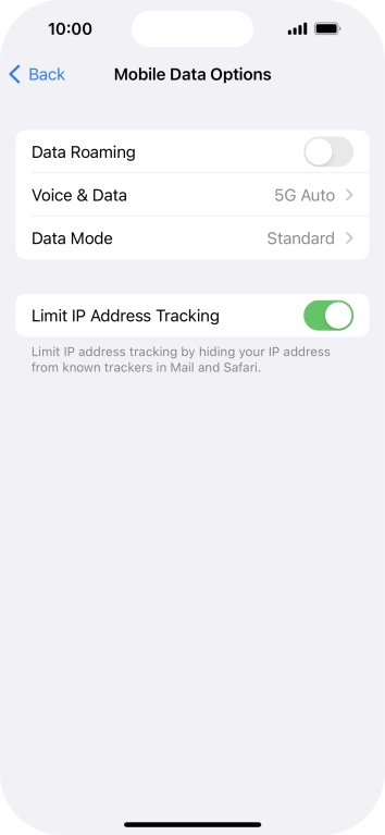 Press the indicator next to 'Data Roaming' to turn the function on or off.