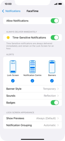 Press the indicator next to 'Allow Notifications' to turn notifications for the selected application on or off.