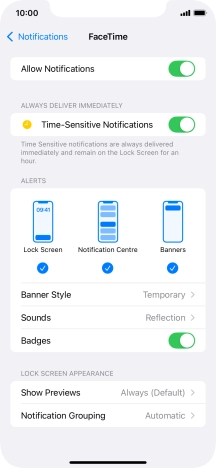 Press the indicator next to 'Allow Notifications' to turn notifications for the selected application on or off.