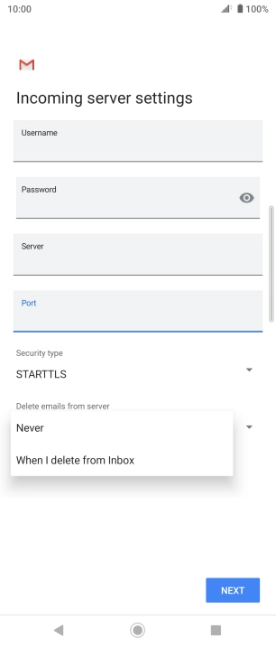 Press Never to keep emails on the server when you delete them on your phone.