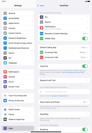Press the indicator next to 'FaceTime' to turn the function on or off.