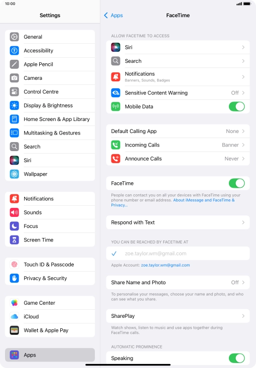 Press the indicator next to 'FaceTime' to turn the function on or off. Press the indicator next to 'FaceTime' to turn the function on or off.