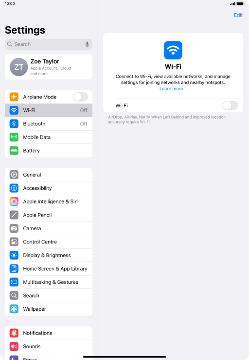 Press the indicator next to 'Wi-Fi' to turn on the function.