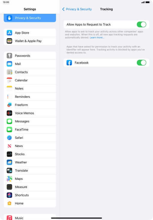 Press the indicator next to 'Allow Apps to Request to Track' to turn the function on or off.