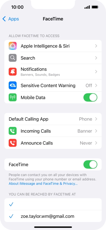 Press the indicator next to 'FaceTime' to turn the function on or off.