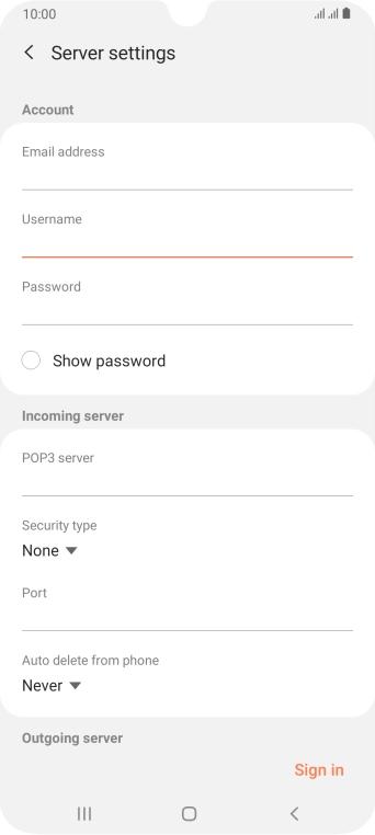 Press the field below 'POP3 server' and key in the name of your email provider's incoming server. Press the field below 'POP3 server' and key in the name of your email provider's incoming server.