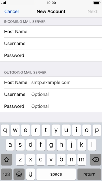 Press Host Name and key in the name of your email provider's outgoing server. Press Host Name and key in the name of your email provider's outgoing server.