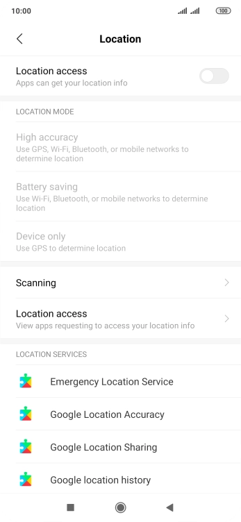 Press the indicator next to 'Location access' to turn the function on or off.
