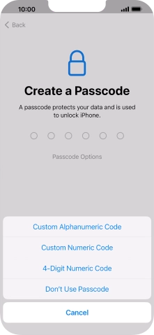 Follow the instructions on the screen to turn on the phone lock code or press Don't Use Passcode.