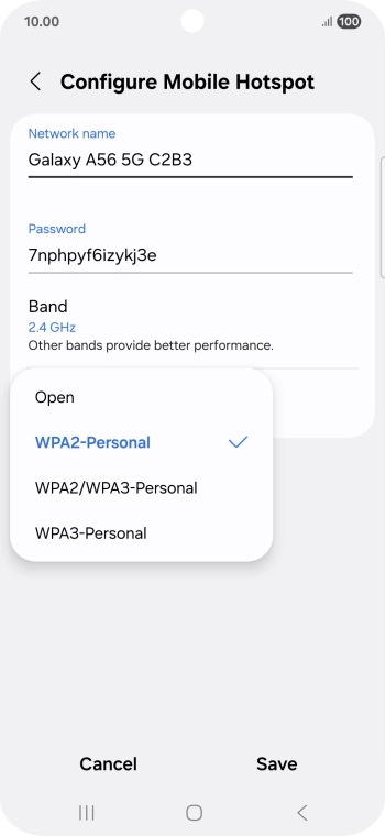 Press WPA3-Personal to password protect your WiFi hotspot.