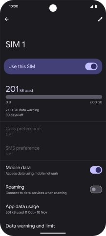 Press the indicator next to 'Roaming' to turn the function on or off.