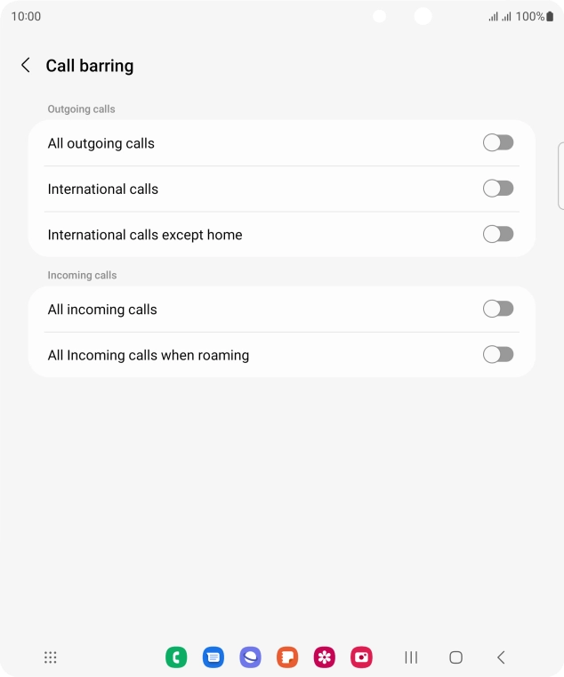 Press the required barring type to turn the function on or off.