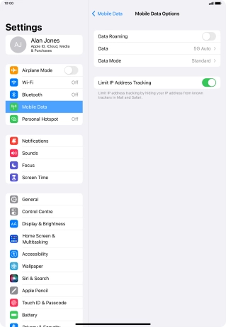 Press the indicator next to 'Data Roaming' to turn the function on or off.