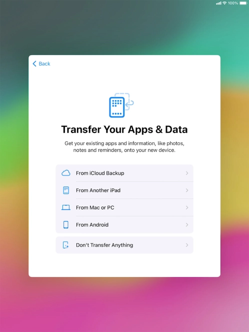 You can transfer the contents of an Android device to your tablet when it's activated for the first time and after a factory reset. When this screen is displayed, your tablet is ready to transfer contents from an Android device.