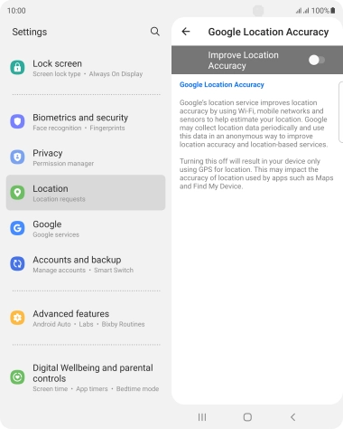 If you press the indicator next to 'Improve Location Accuracy' to turn on the function, your phone can find your exact position using the GPS satellites, the mobile network and nearby WiFi networks. Satellite-based GPS requires a clear view of the sky.