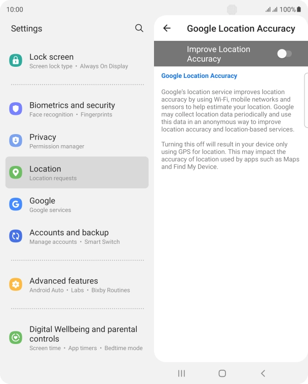 If you press the indicator next to 'Improve Location Accuracy' to turn on the function, your phone can find your exact position using the GPS satellites, the mobile network and nearby WiFi networks. Satellite-based GPS requires a clear view of the sky.