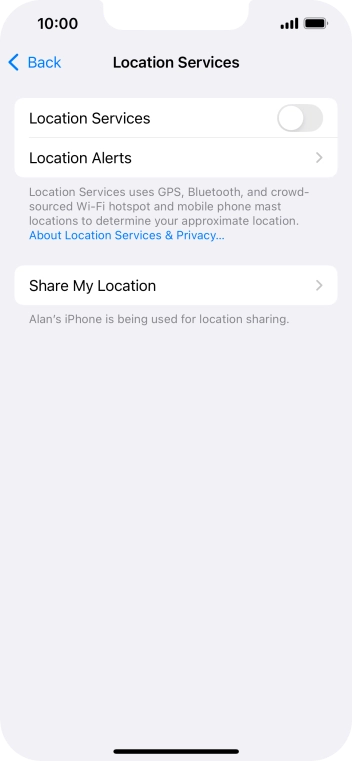 Press the indicator next to 'Location Services' to turn the function on or off.