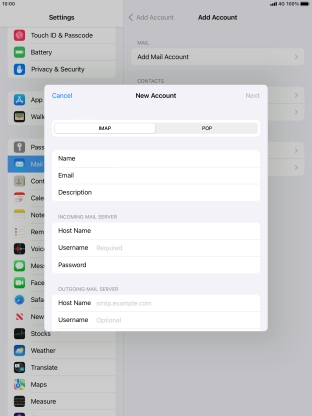 Press Username and key in the username for your email account.