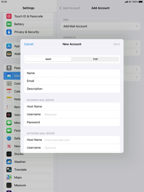 Press Username and key in the username for your email account.