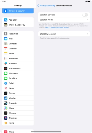 Press the indicator next to 'Location Services' to turn the function on or off.