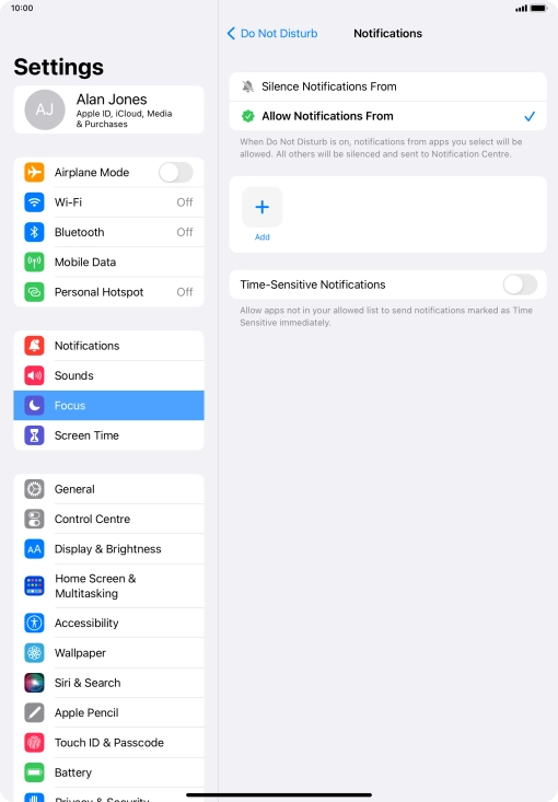 Press the indicator next to 'Time-Sensitive Notifications' to turn display of timed notifications on or off when Do Not Disturb is turned on.