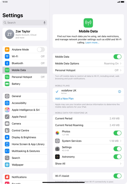 Press the indicator next to 'Mobile Data' to turn the function on or off.