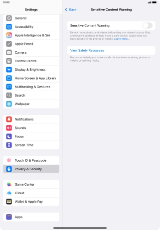 Press the indicator next to 'Sensitive Content Warning' to turn the function on or off.