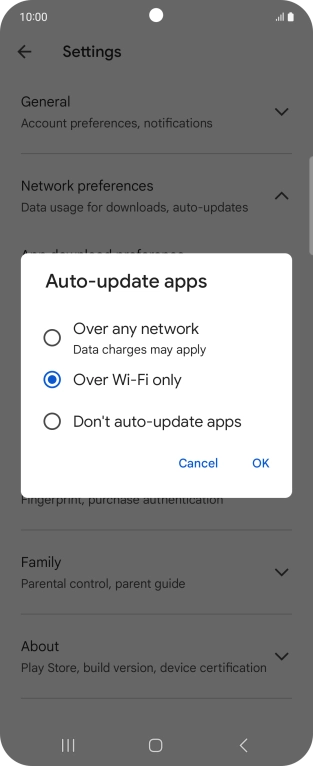 To turn on automatic update of apps using mobile network, press Over any network. To turn on automatic update of apps using mobile network, press Over any network.