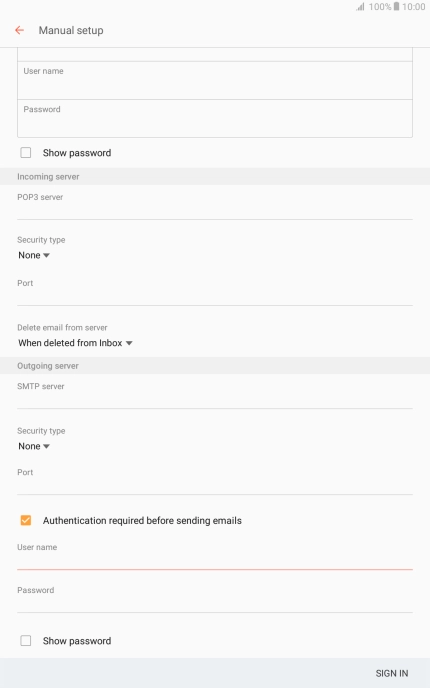 Press the field below 'Password' and key in the username of your email provider's outgoing server.