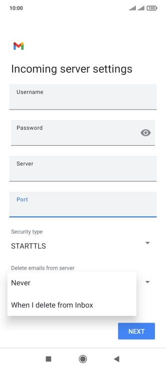 Press Never to keep emails on the server when you delete them on your phone. Press Never to keep emails on the server when you delete them on your phone.