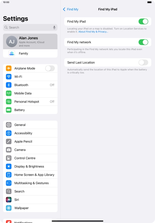 Press the indicator next to 'Find My network' to turn the function on or off. If you turn on the function, you need to follow the instructions on the screen to finish the activation.