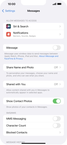 Press the indicator next to 'iMessage' to turn on the function.