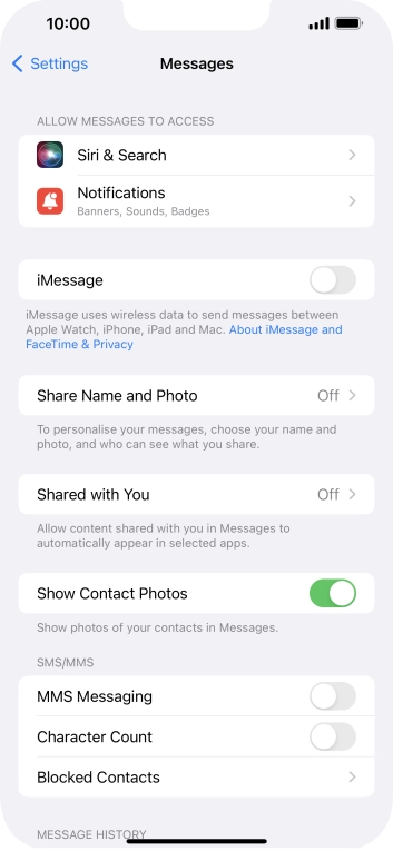 Press the indicator next to 'iMessage' to turn on the function.