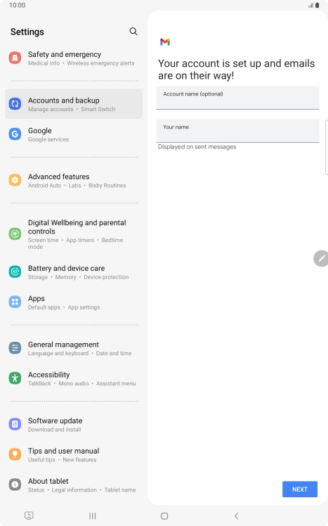 Press the field below 'Account name (optional)' and key in the required name. Press the field below 'Account name (optional)' and key in the required name.