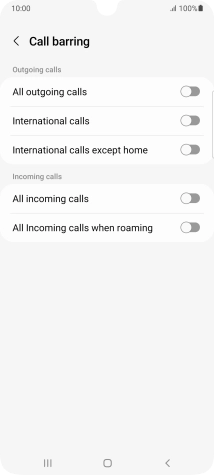 Press the indicator next to the required barring type to turn the function on or off.