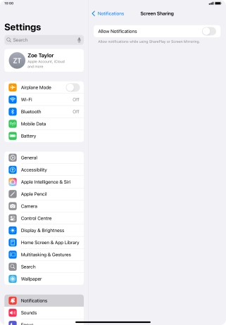 Press the indicator next to 'Allow Notifications' to turn the function on or off.