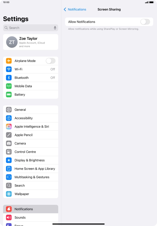 Press the indicator next to 'Allow Notifications' to turn the function on or off.