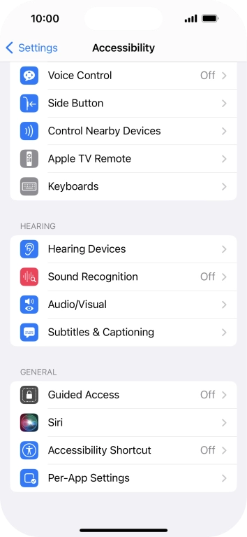 Press the required category below 'HEARING' and follow the instructions on the screen to select the required settings.