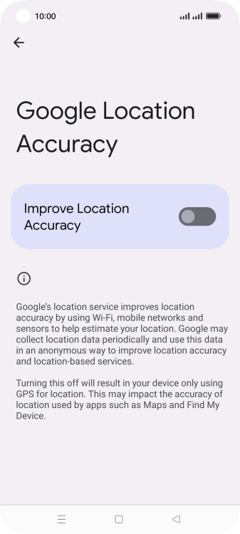 If you press the indicator next to 'Improve Location Accuracy' to turn on the function, your phone can find your exact position using the GPS satellites, the mobile network and nearby WiFi networks. Satellite-based GPS requires a clear view of the sky.