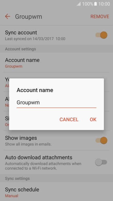 Key in the required name for the email account and press OK.
