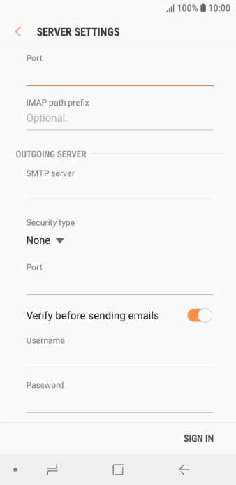 Press the field below 'SMTP server' and key in the name of your email provider's outgoing server. Press the field below 'SMTP server' and key in the name of your email provider's outgoing server.