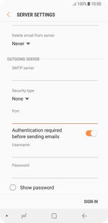 Press the indicator next to 'Authentication required before sending emails' to turn on the function.
