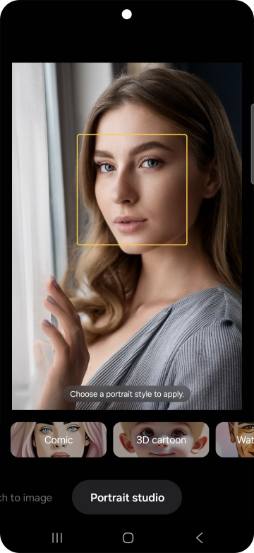 To change your portrait photos to different styles, press Portrait studio. To change your portrait photos to different styles, press Portrait studio.