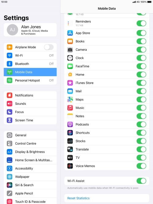 Press the indicator next to 'Wi-Fi Assist' to turn the function on or off.