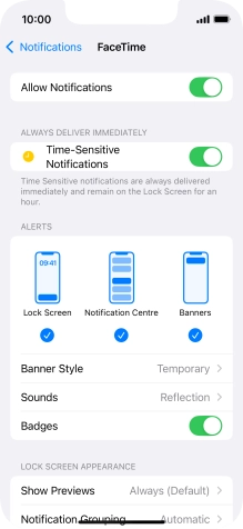 Press the indicator next to 'Allow Notifications' to turn notifications for the selected application on or off.